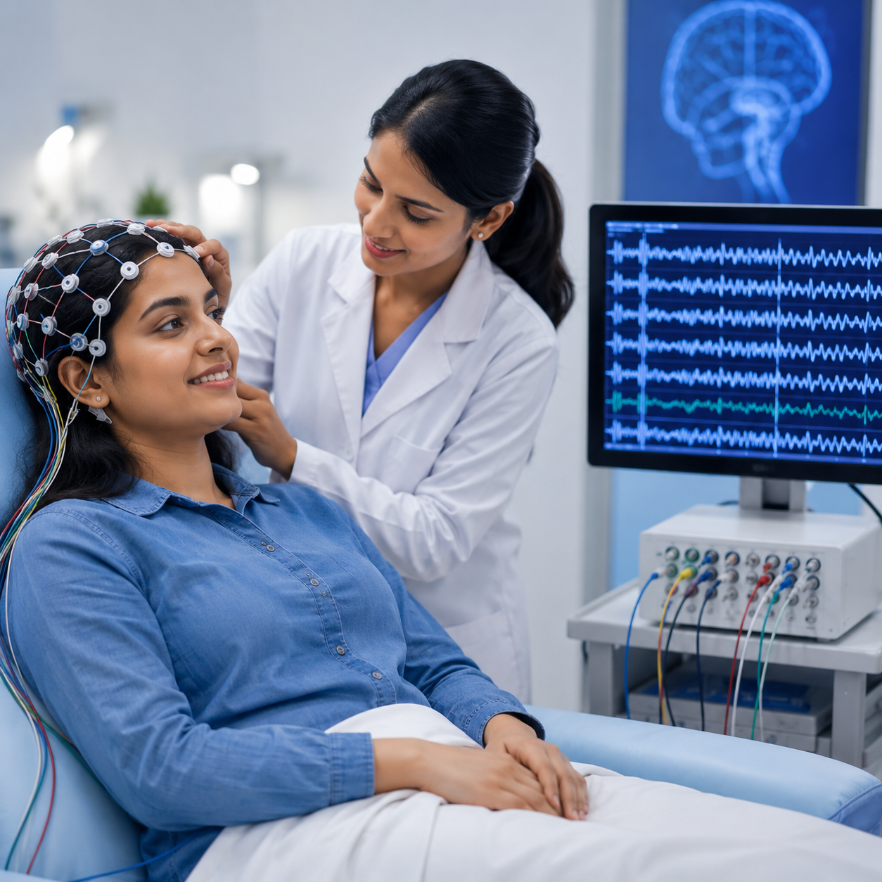 Patient wearing EEG cap during brain activity monitoring.