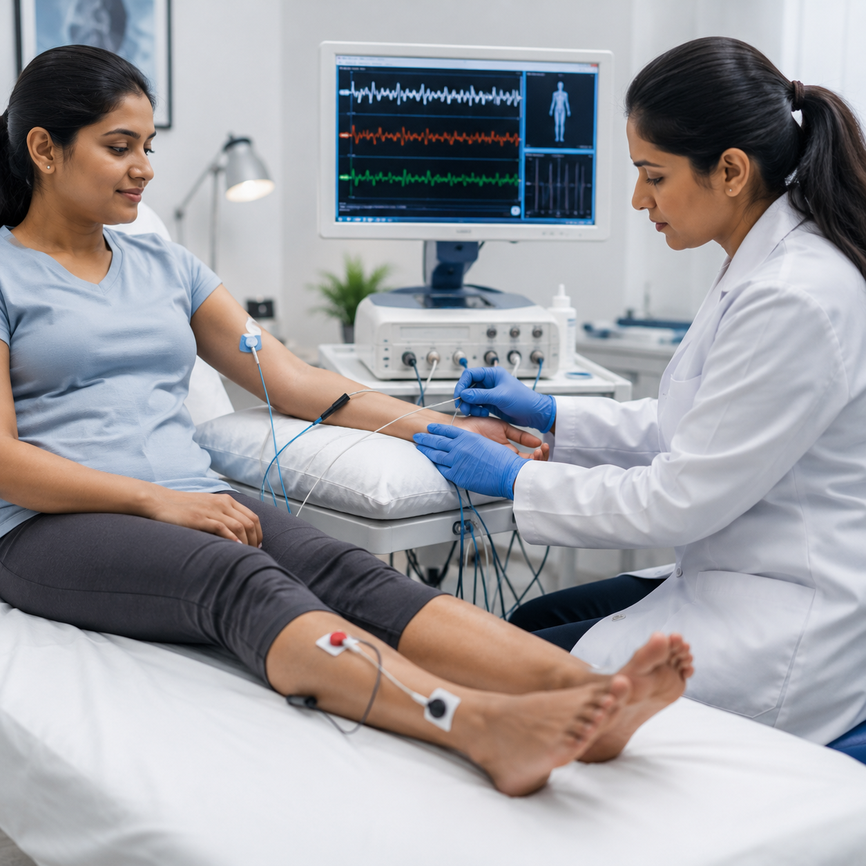 Neurologist placing small electrodes on a patient's arm or leg while monitoring nerve signals on a computer.