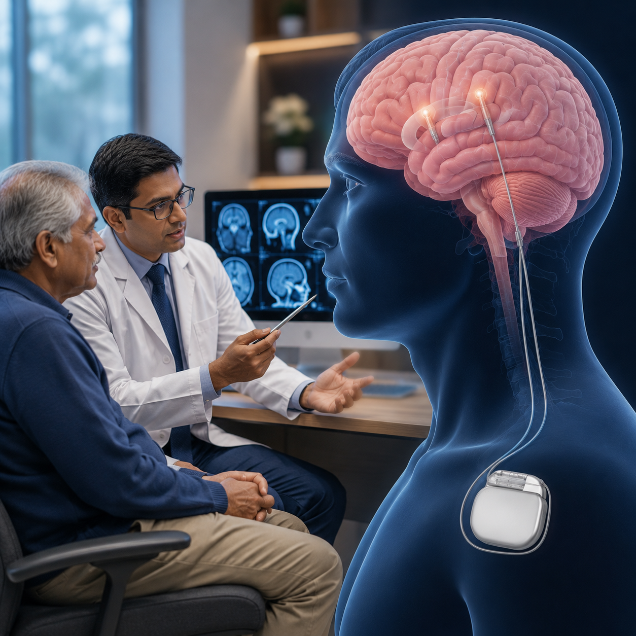 Premium 3D medical visualization showing a DBS implant near the brain combined with a neurologist consulting a patient - DBS - Maximum Healthcare