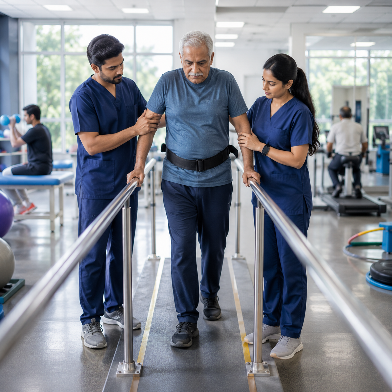 Neurological patient walking with therapists in a rehabilitation center.