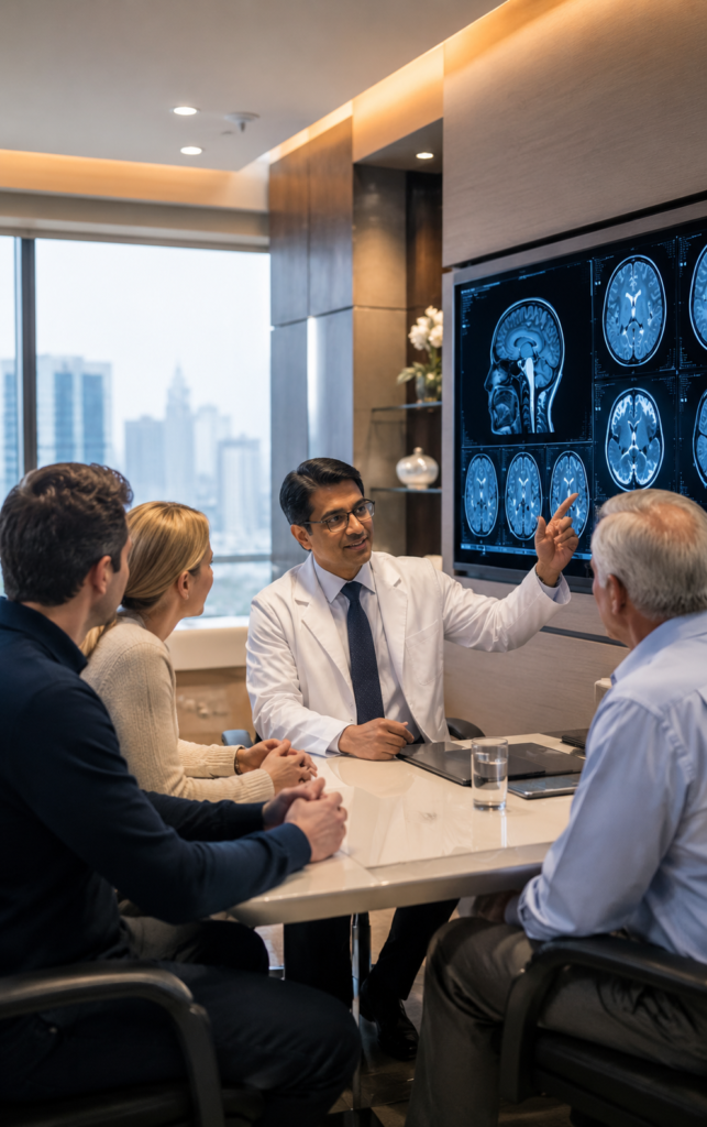 International patient consulting with a neurologist in a premium Delhi NCR hospital.