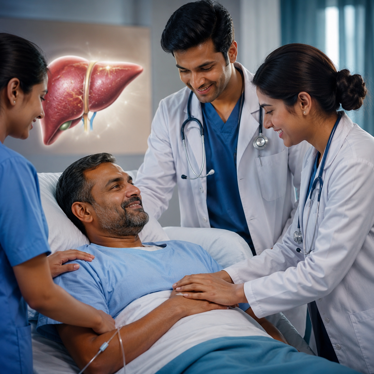 A smiling liver transplant patient rests in a hospital bed while a compassionate medical team of doctors and a nurse provide support. A glowing healthy liver symbol appears in the background, representing organ donation, hope, recovery, and a second chance at life. maximum healthcare