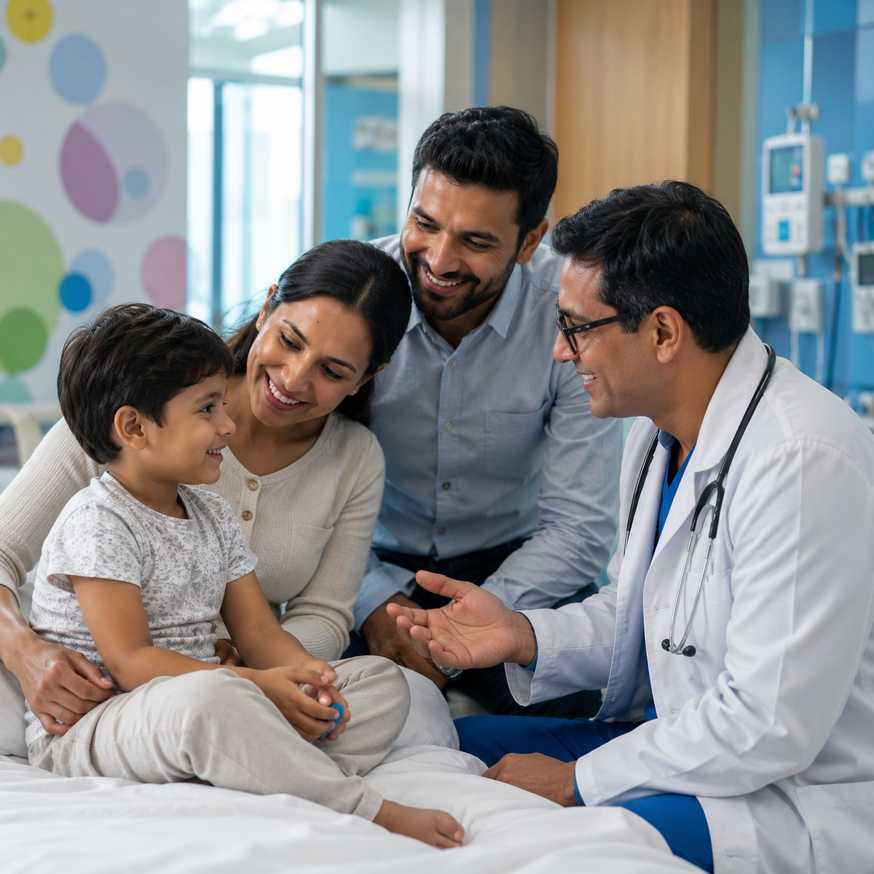 A pediatric liver transplant specialist talks with a smiling young child and parents in a modern children's hospital room, creating a warm atmosphere of trust, hope, and family-centered care.