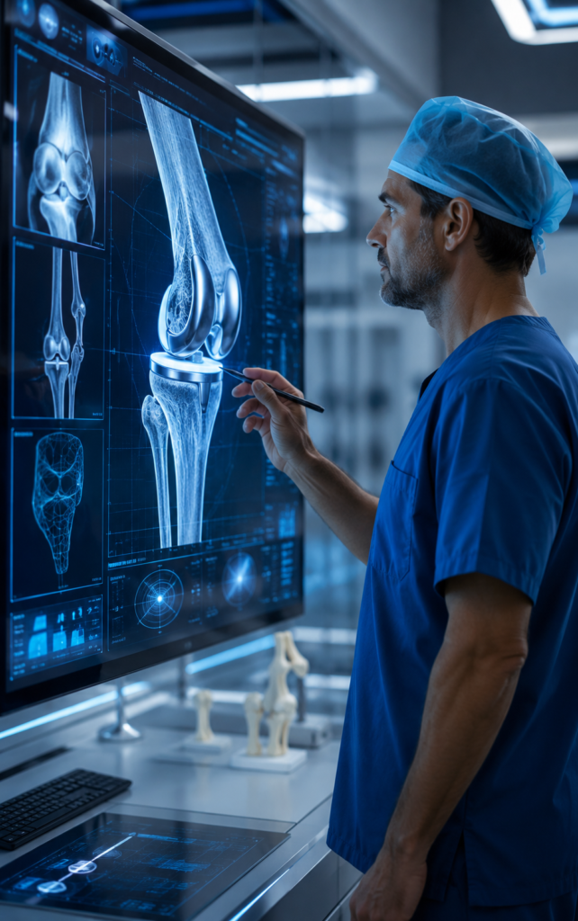 Orthopaedic surgeon analyzing AI-powered joint replacement planning software with 3D skeletal models. Maximum