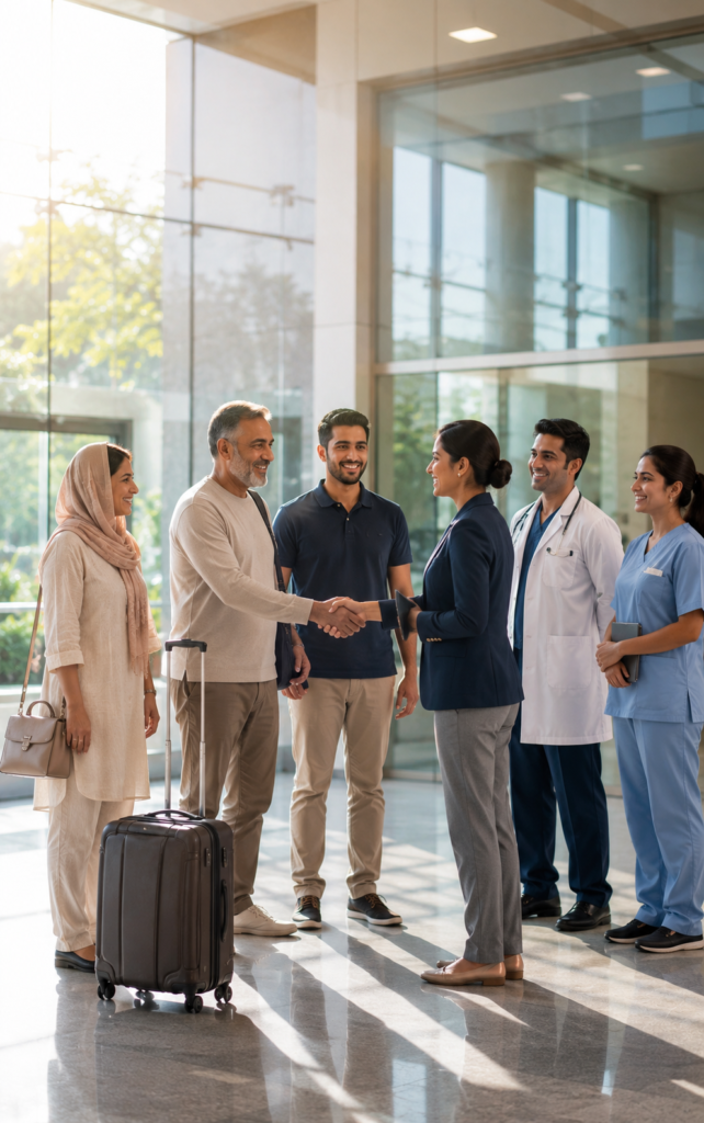 nternational liver transplant patient and family are warmly welcomed by dedicated care coordinators, transplant specialists, and nursing staff in a modern Indian hospital, highlighting personalized support, global patient care, and a seamless treatment journey.