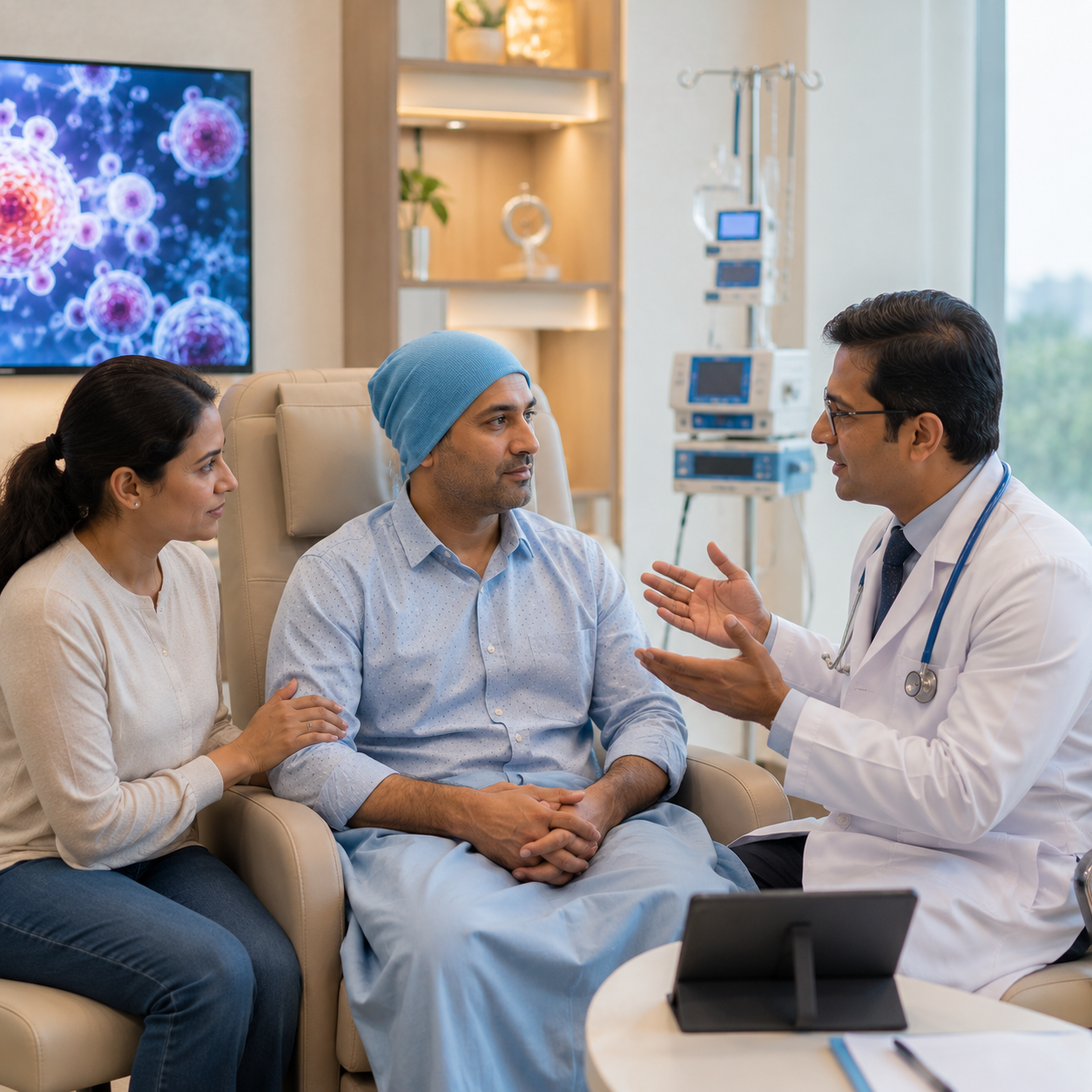 Family member accompanying patient during haploidentical bone marrow transplant consultation.