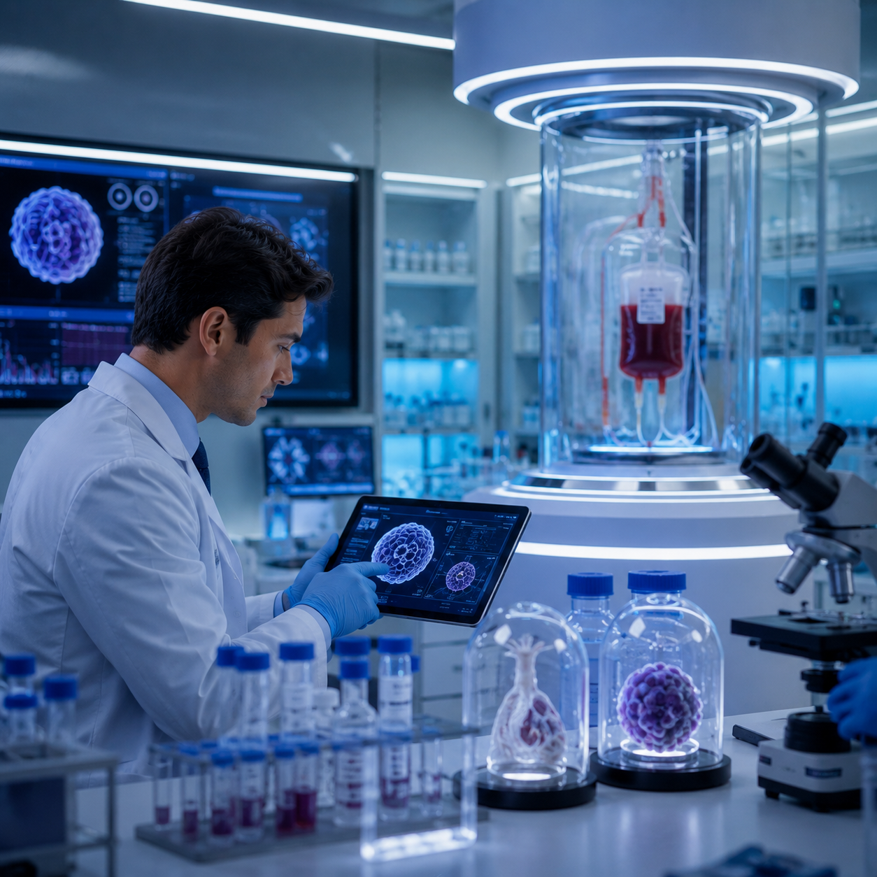 Advanced cord blood stem cell laboratory with hematology specialist reviewing stem cell preservation and transplant planning