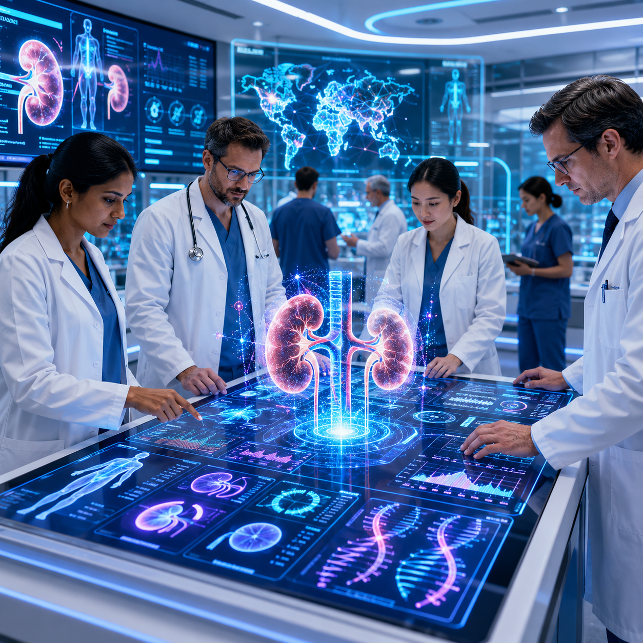 Two donor-recipient pairs participating in a paired kidney exchange program with transplant specialists, showcasing advanced compatibility matching, innovative transplant solutions, and successful kidney transplantation outcomes.