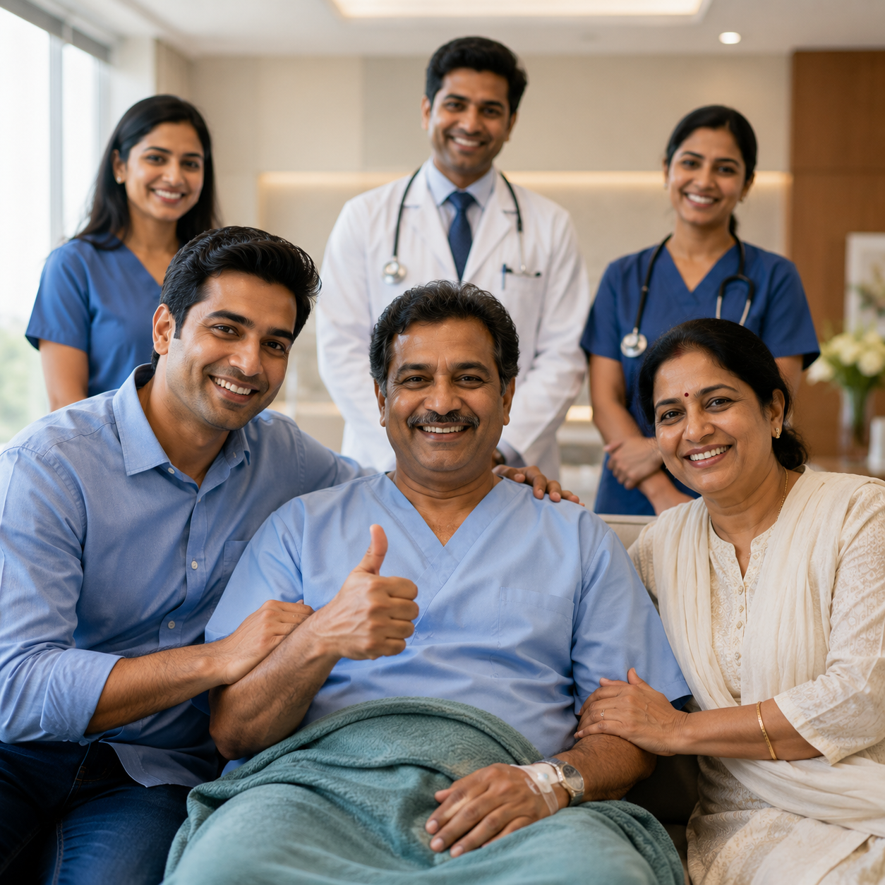 Recovered kidney transplant patient smiling with family members and healthcare professionals after a successful complex kidney transplant, showcasing renewed health, recovery, hope, and expert post-transplant care in a modern hospital setting.