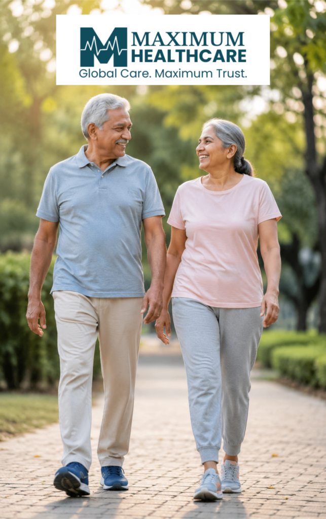 Happy senior couple walking in a park after successful orthopaedic treatment. Maximum Healthcare.