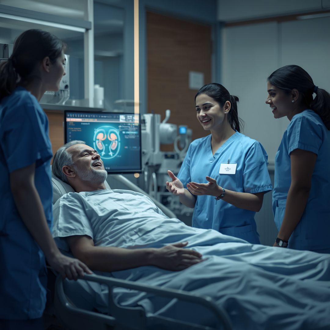 Living donor kidney transplant recipient with family donor and transplant surgeon celebrating a successful kidney transplant, highlighting advanced transplant care, donor-recipient compatibility, and improved quality of life.