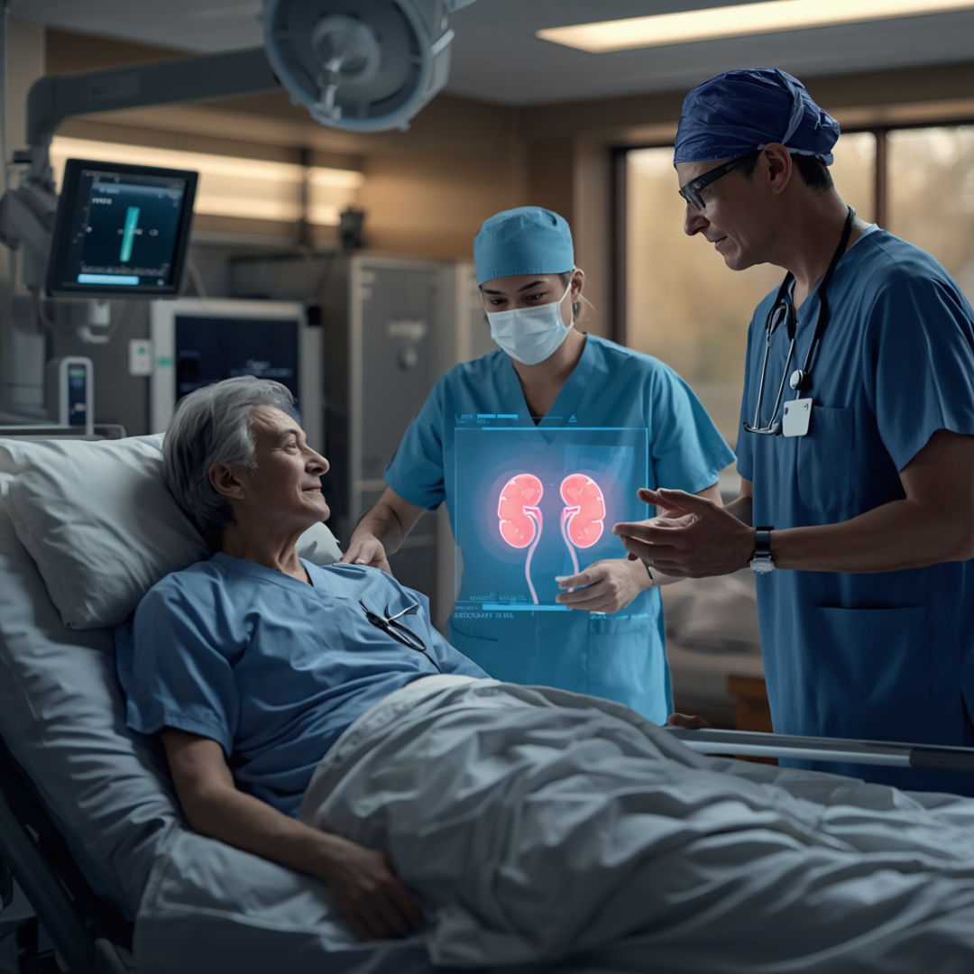 Recovered kidney transplant patient with family and transplant specialists after a successful deceased donor kidney transplant, representing organ donation, advanced transplant care, and renewed health.