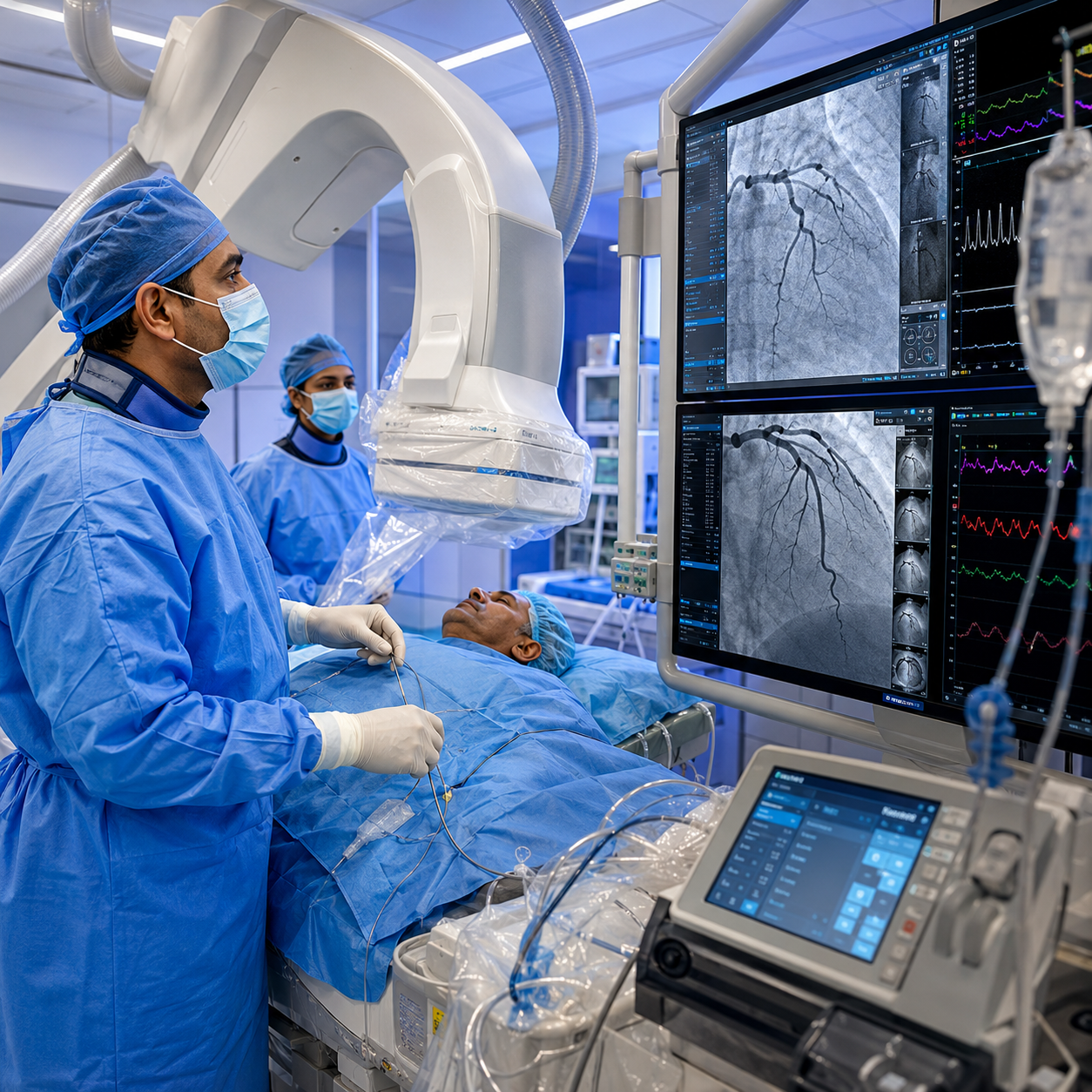 Advanced coronary angiography procedure in a state-of-the-art cardiac catheterization laboratory, cardiologist reviewing live coronary artery imaging on large monitors