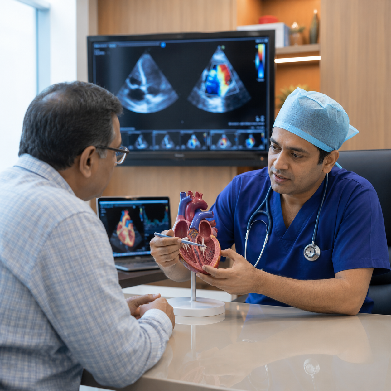 Cardiac surgeon explaining heart valve repair and replacement treatment to patient using realistic 3D heart model and digital echocardiography images