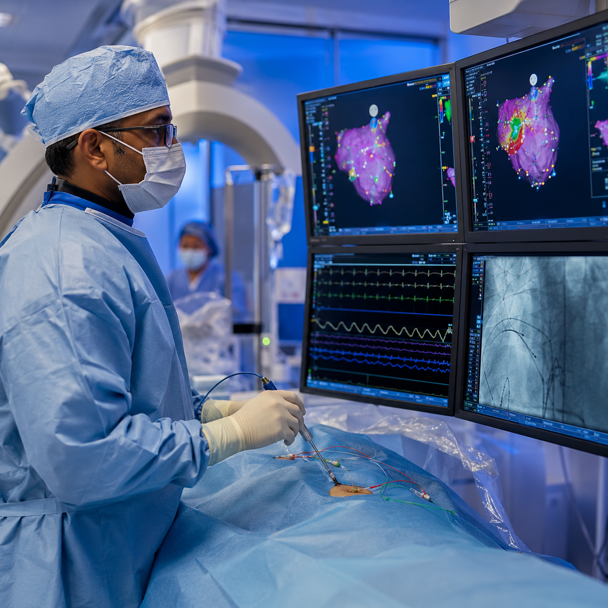 lectrophysiologist performing advanced cardiac rhythm mapping procedure, patient undergoing electrophysiology study in modern cardiac laboratory