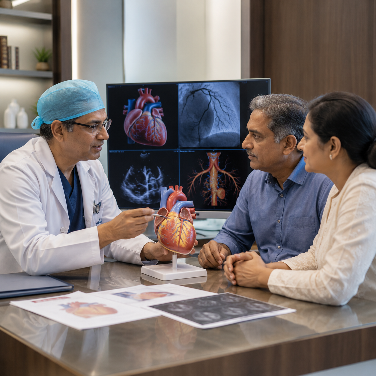 Experienced cardiologist explaining coronary artery bypass surgery (CABG) treatment options to a patient and family using a 3D heart model and advanced cardiac imaging in a Delhi NCR cardiac center.