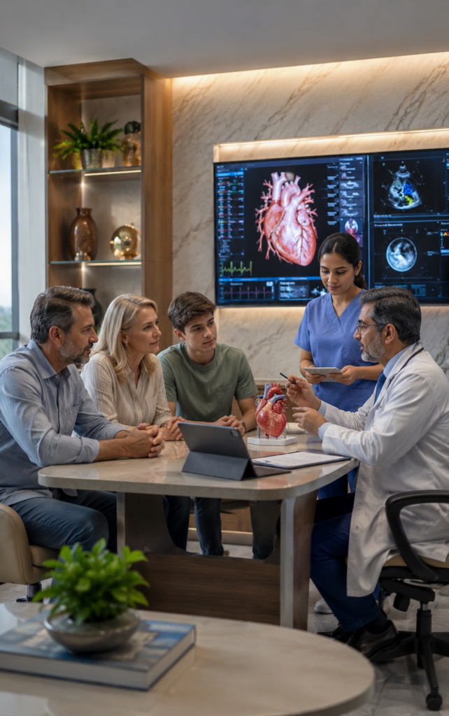 International patient and family consulting with a senior cardiologist at a premium Delhi NCR cardiac institute, reviewing advanced heart imaging with personalized treatment planning and dedicated patient coordination.
